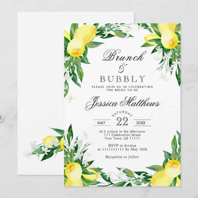 Invitation Lemons Verdure Fleur Brunch & Bubbly (Devant / Derrière)