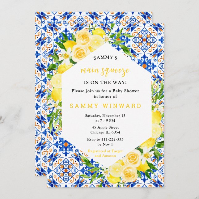 Invitation Lemons with Foliage Mediterranean Baby Shower (Devant / Derrière)