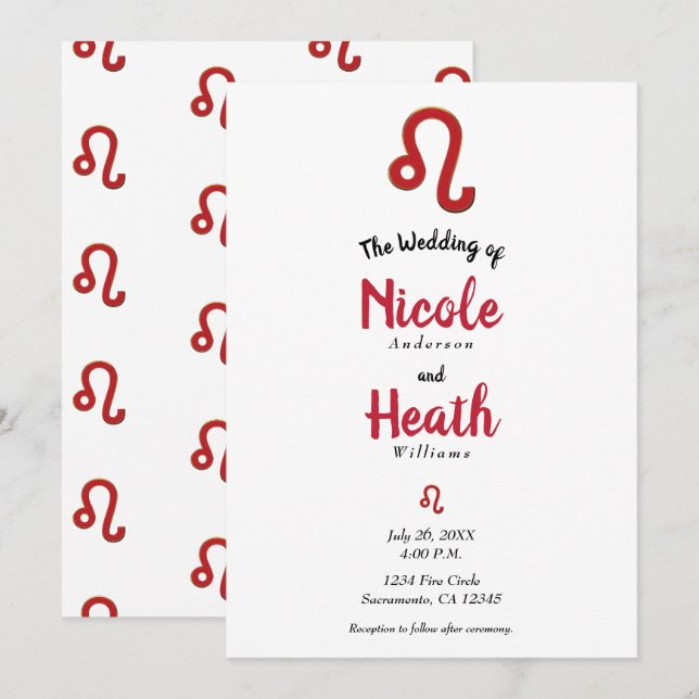 Invitation LEO Zodiaque Astrologie Rouge Juillet Août Mariage (Devant / Derrière)
