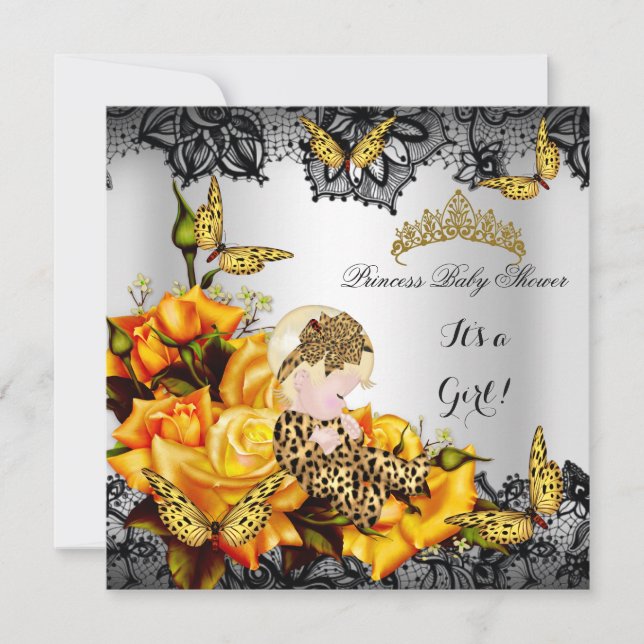 Invitation Leopard Baby shower fille papillon gris jaune (Devant)