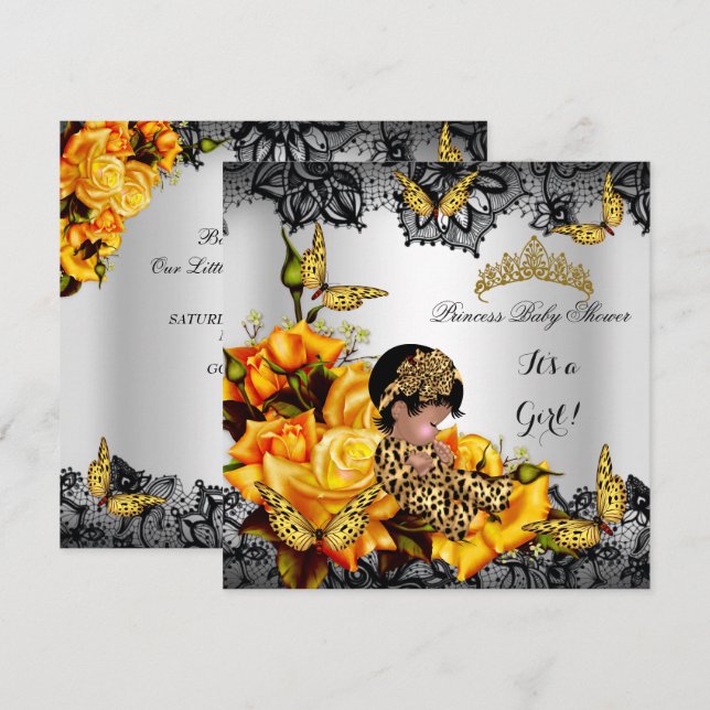 Invitation Leopard Baby shower fille papillon jaune ethnie (Devant / Derrière)