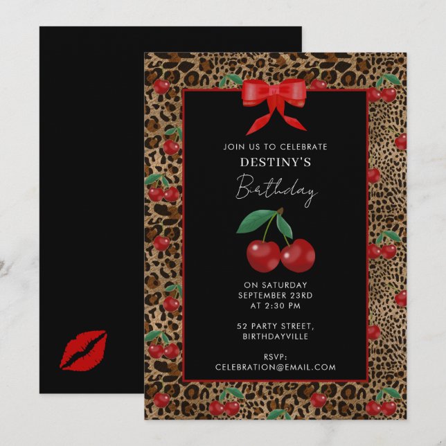 Invitation Leopard Cheetah Animal Print Red Cherry Birthday (Devant / Derrière)
