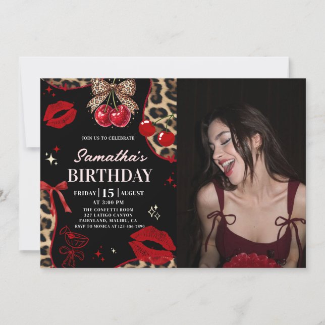 Invitation Leopard Cheetah Coquette Cherry Birthday Photo (Devant)