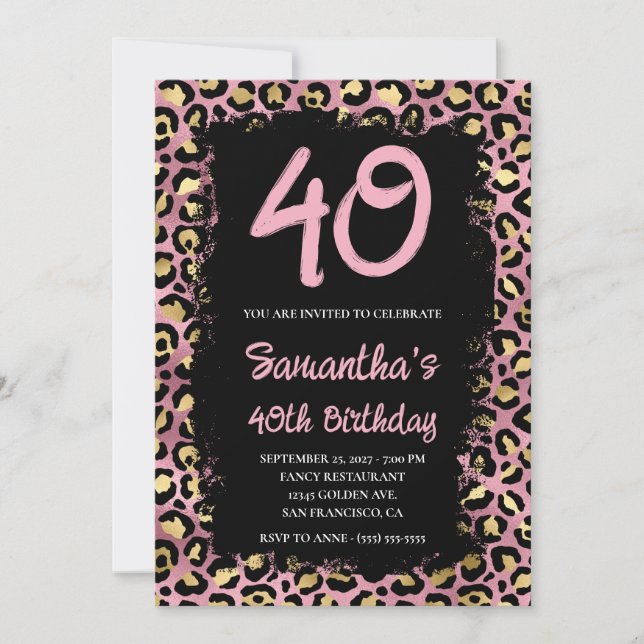 Invitation Leopard d'or et rose peint noir 40e anniversaire (Devant)