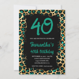 Invitation Léopard d'or turquoise peint noir 40e anniversaire