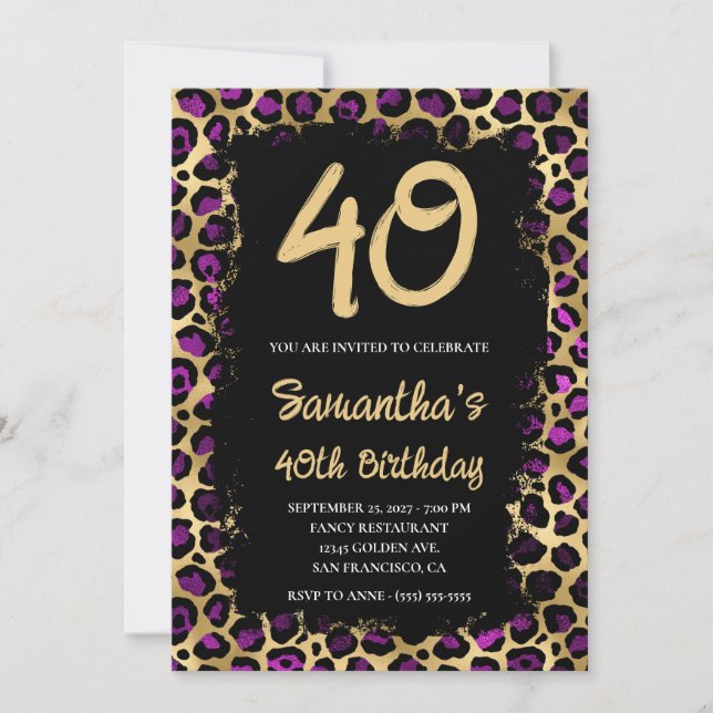 Invitation Leopard d'or violet peint noir 40e anniversaire (Devant)