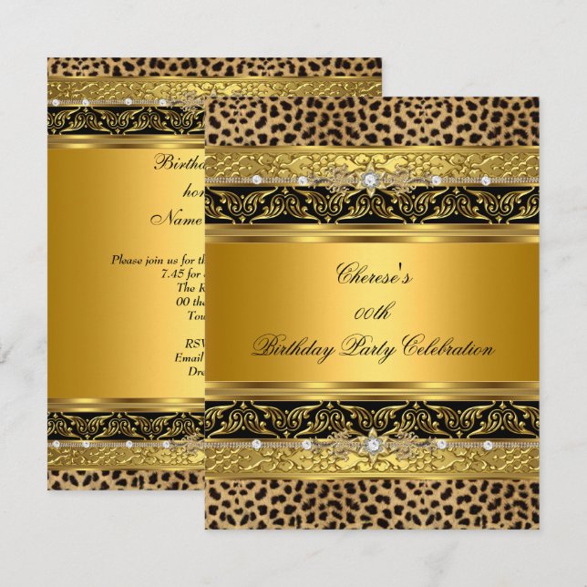Invitation Léopard Gold Anniversaire de fête Elegant Diamant  (Devant / Derrière)