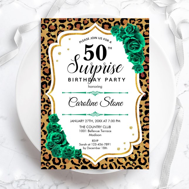 Invitation Leopard Gold White Green Surprise 50e anniversaire (Créateur téléchargé)