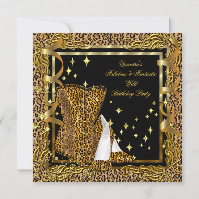 Invitation Leopard High Heel Gold Black Corset fête d'anniver (Devant)