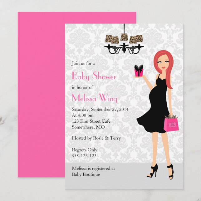 Invitation Leopard Hot rose Pregnant Baby shower maman (Devant / Derrière)