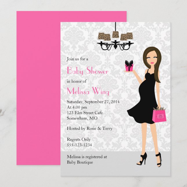Invitation Leopard Hot rose Pregnant Baby shower maman (Devant / Derrière)