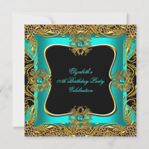 Invitation Leopard Jade Turquoise Gold Jewel Black Birthday P