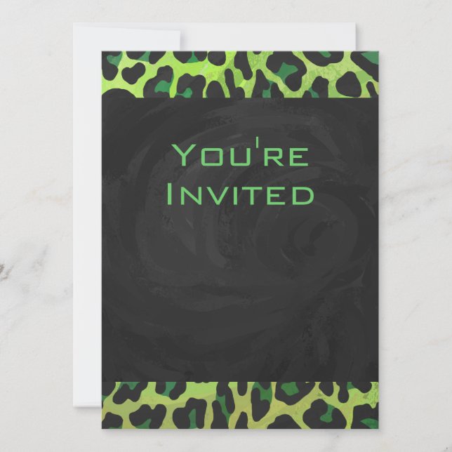 Invitation Léopard noir et vert avec Monogramme (Devant)