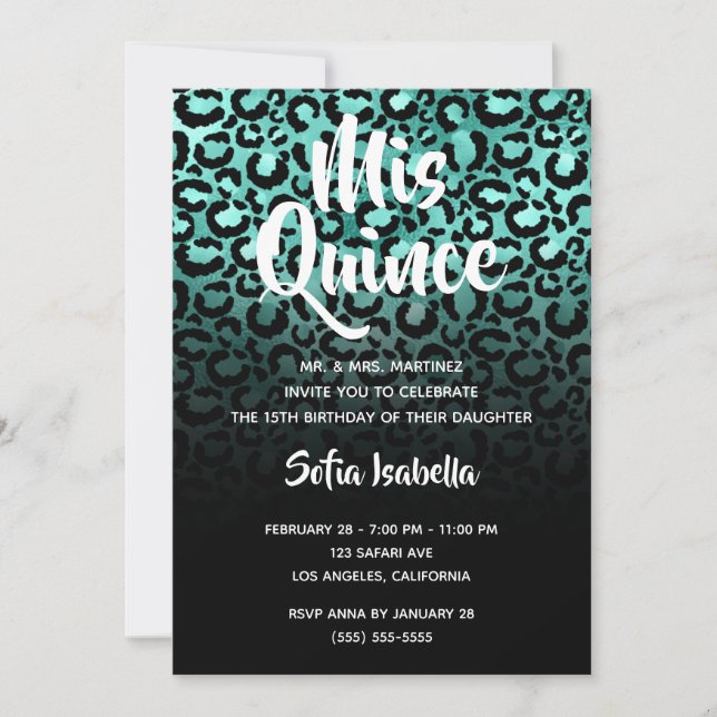 Invitation Leopard Ombre Mis Quince Turquoise et Black Glam (Devant)