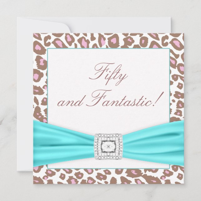 Invitation Léopard rose Brown Turquoise femmes 50ème annivers (Devant)