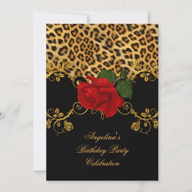 Invitation Leopard Rose Red Black Gold Anniversaire Party 2 (Devant)