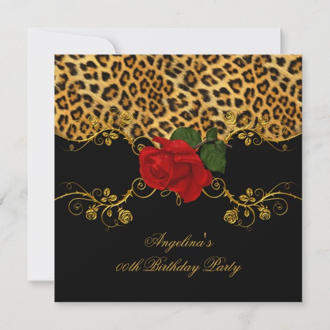 Invitation Leopard Rose Red Black Gold Anniversaire Party 2 (Devant)