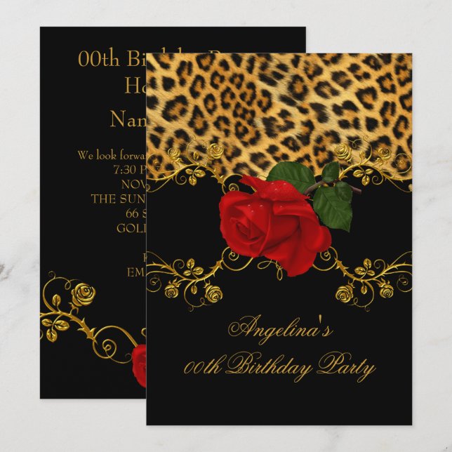 Invitation Leopard Rose Red Black Gold Anniversaire Party 2 (Devant / Derrière)