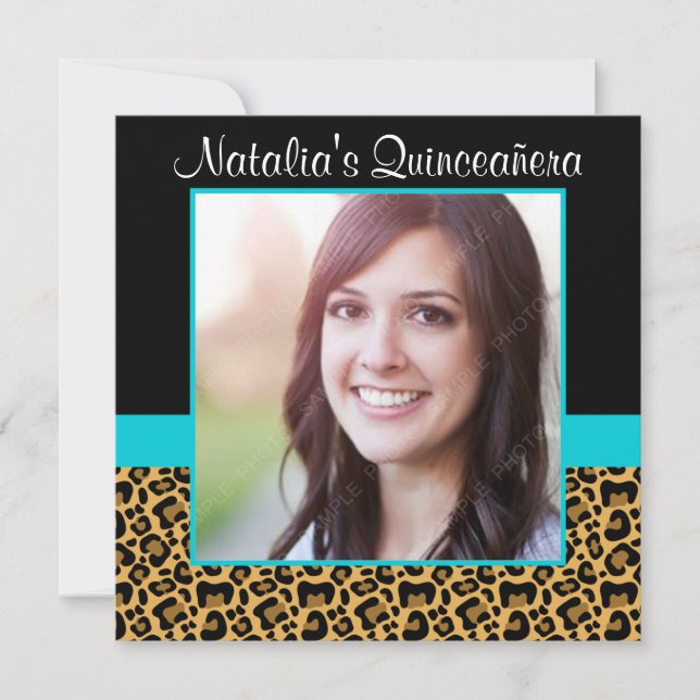 Invitation Leopard Turquoise Blue Photo Quinceanera Invitatio (Devant)