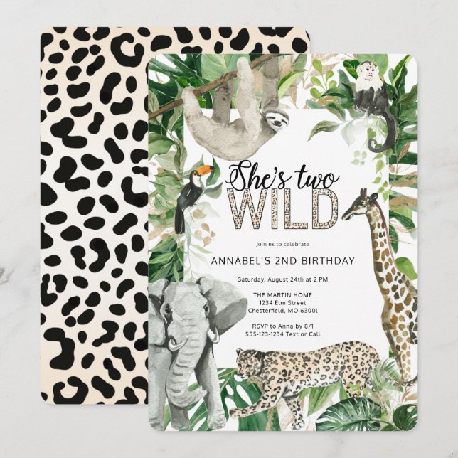 Invitation Leopard Two Wild Safari Anniversaire (Devant / Derrière)