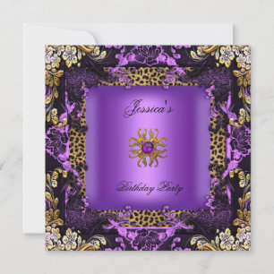 Invitation Léopard violet or noir fête d'anniversaire Floral