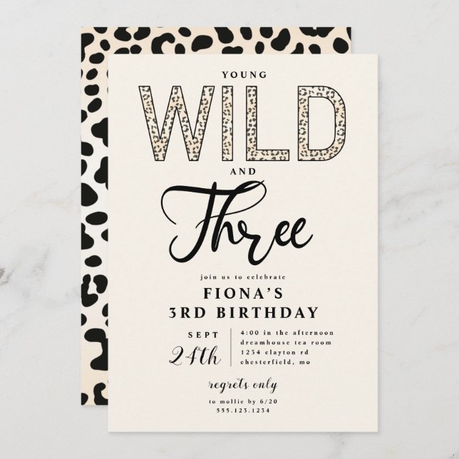 Invitation Leopard Young Wild Trois Anniversaire (Devant / Derrière)