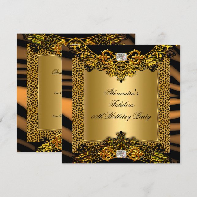 Invitation Leopard Zebra Gold Black Lace Diamond Anniversaire (Devant / Derrière)