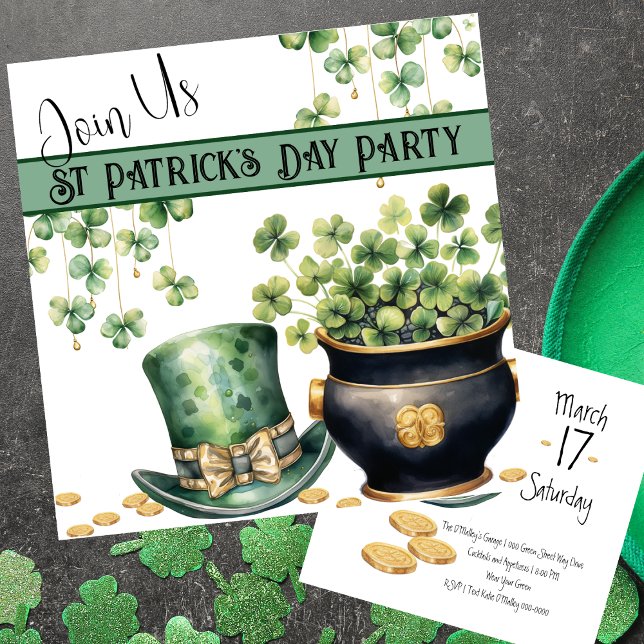 Invitation Leprechaun Casquette et Pot O Clover St Patrick's  (Shamrocks and leprechaun top hat with gold coins on a customizable St Patrick's Day invitation. )