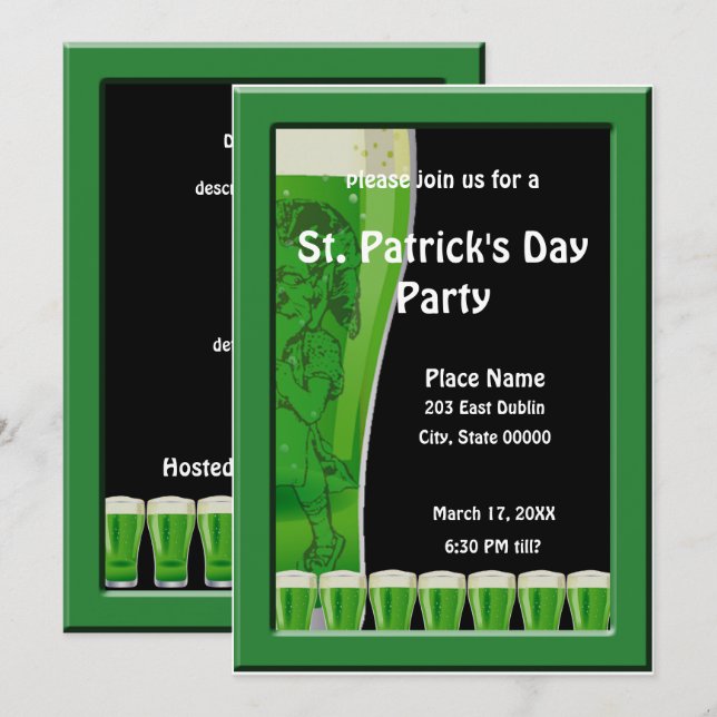 Invitation Leprechaun et Green Beer St. Patrick's Day Party (Devant / Derrière)