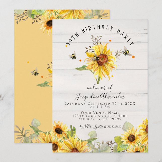 Invitation Les abeilles dans le tournesol Floral Bois rustiqu (Devant / Derrière)
