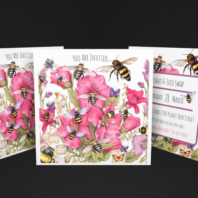 Invitation Les abeilles et les fleurs au printemps (A gardeners' delight full of spring flowers and different bees on a plant and seed swap invitation. )