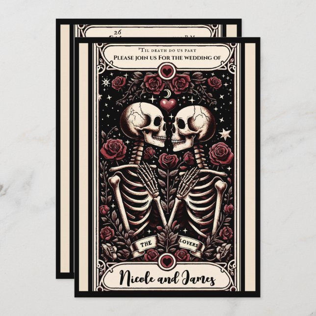 Invitation LES AMOUREUX Tarot Skeleton Aimer Red Roses Mariag (Devant / Derrière)