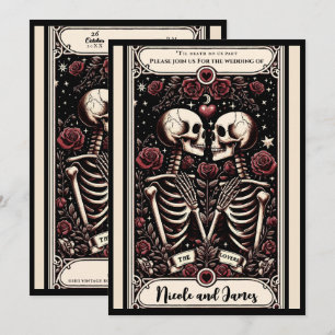 Invitation LES AMOUREUX Tarot Skeleton Aimer Red Roses Mariag