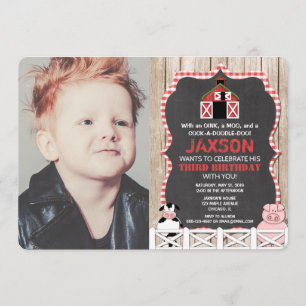 Invitation Les animaux de ferme anniversaire garçon rouge noi