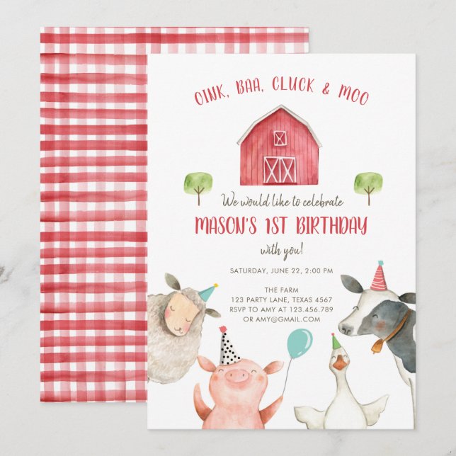 Invitation Les animaux de ferme Garey Red En vichy Barnyard A (Devant / Derrière)