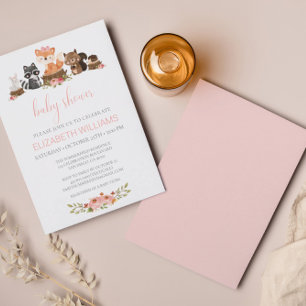 Invitation Les animaux de forêt rose Baby shower floral