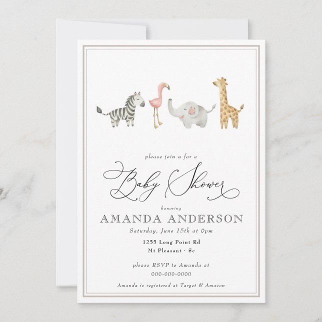 Invitation Les animaux de la Jungle Baby shower neutre (Devant)