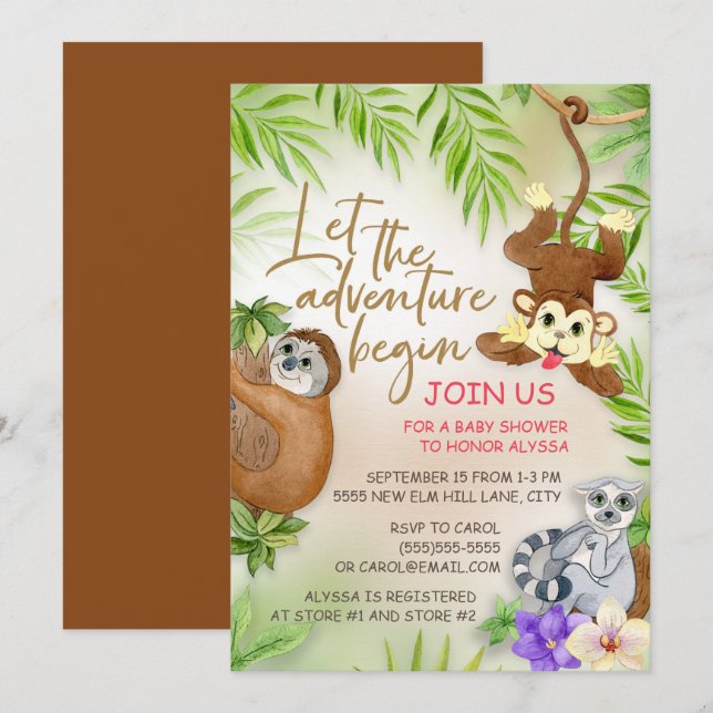 Invitation Les animaux de la Jungle Laisser l'aventure commen (Devant / Derrière)