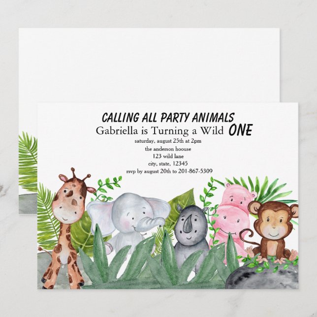 Invitation Les Animaux De La Jungle Se Cachant Dans La Verdur (Devant / Derrière)