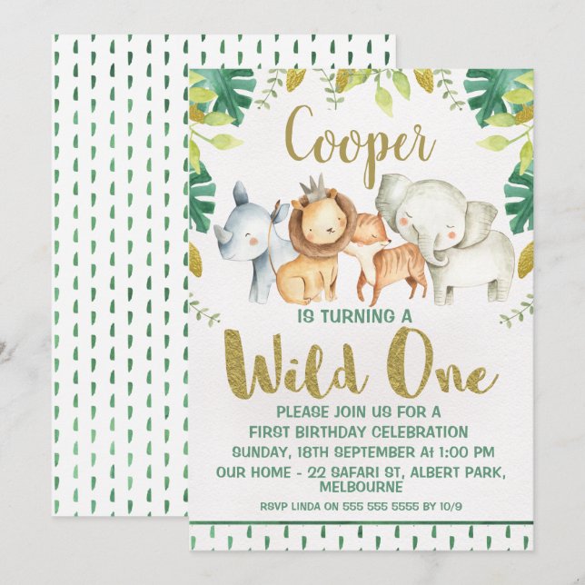 Invitation Les animaux de Safari Wild One 1st Birthday Invita (Devant / Derrière)