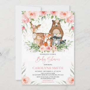 Invitation Les animaux des bois Baby shower rose