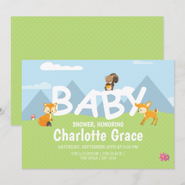 Invitation Les animaux des bois Baby shower Unisex mignon (Devant / Derrière)
