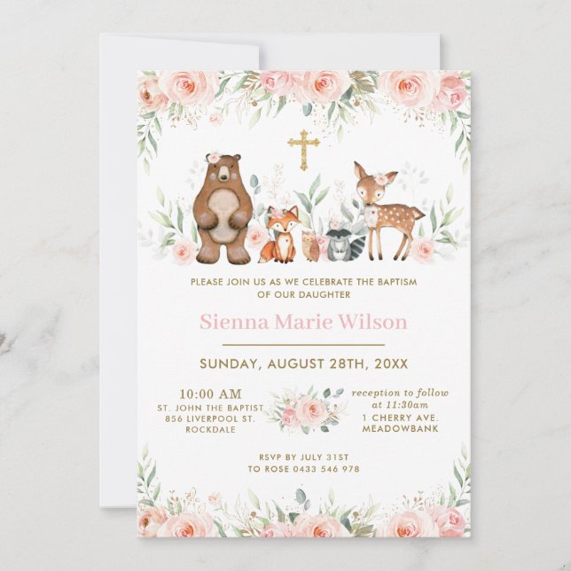 Invitation Les animaux des bois Blush Floral Baptism Christen (Devant)