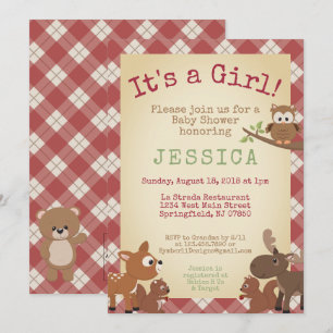 Invitation Les animaux des bois C'est une fille ! baby shower