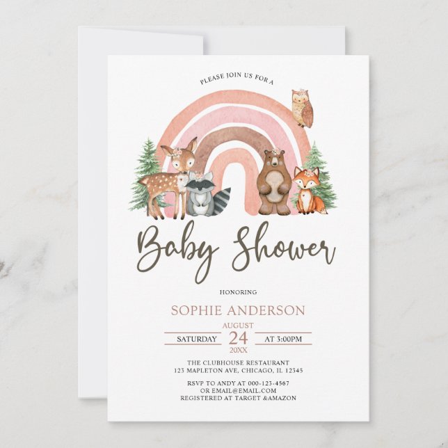 Invitation Les animaux des bois et le Baby shower arc-en-ciel (Devant)