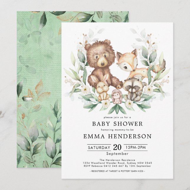 Invitation Les animaux des bois Le Baby shower verdoyant et n (Devant / Derrière)