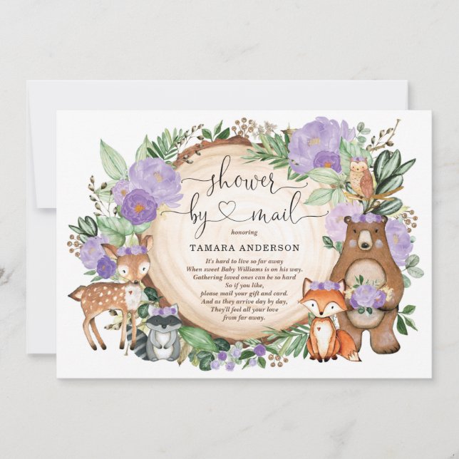 Invitation Les animaux des bois Purple Floral Baby shower par (Devant)