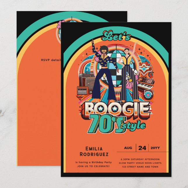 Invitation les années 70 Boogie Retro Disco Danser Anniversai (Devant / Derrière)