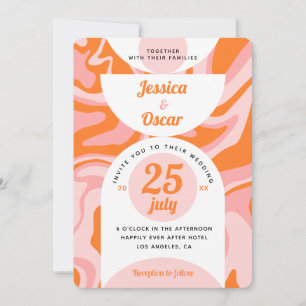 Invitation Les années 70 rétro Liquide Swirl Boho rose Orange