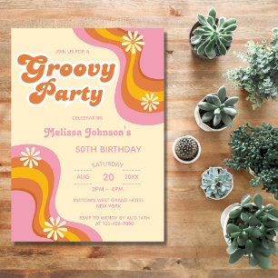 Invitation les années 70 Retro Super fêtes daisées Peach Anni